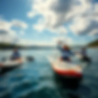 Dynamic group paddle boarding on a vibrant lake