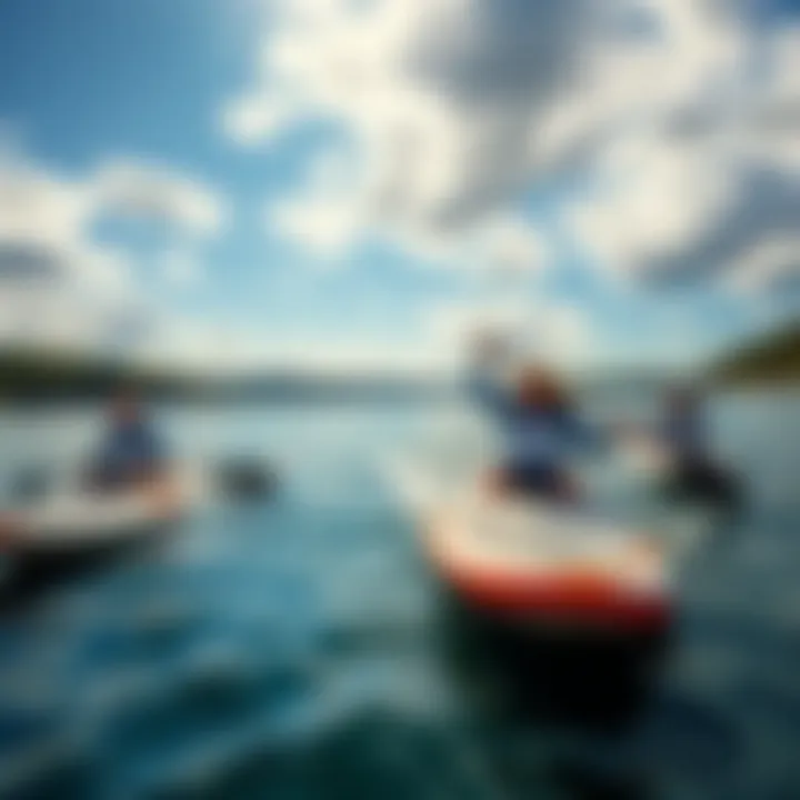 Dynamic group paddle boarding on a vibrant lake