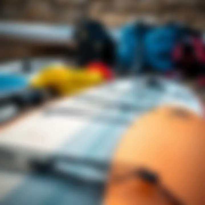 Close-up of essential paddle boarding gear laid out