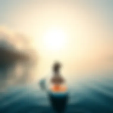 A serene landscape with a paddle board on calm waters