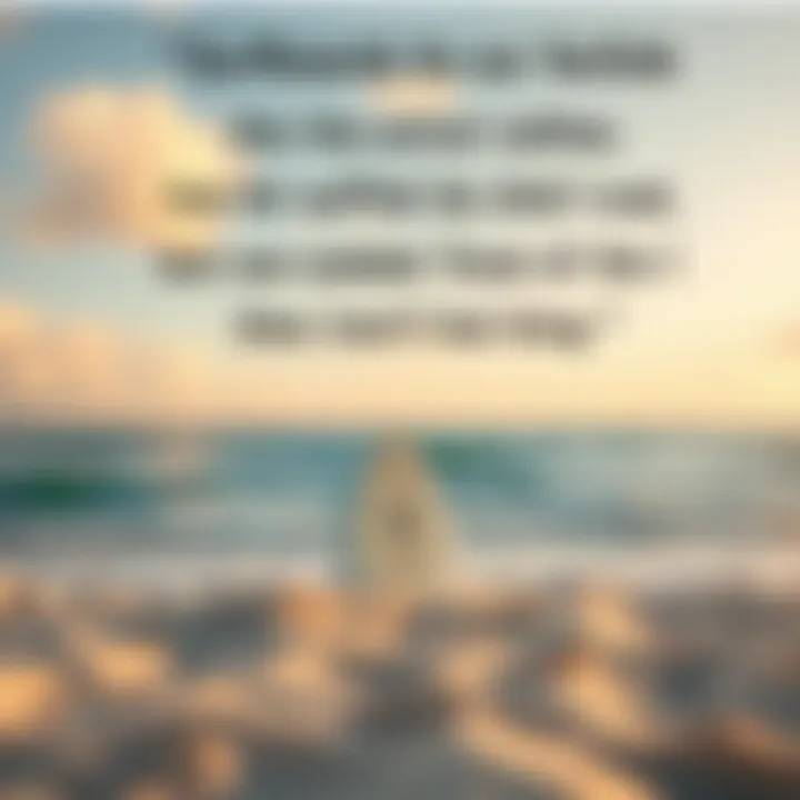 A serene ocean view with a surfboard planted in the sand, reflecting tranquility and inspiration.