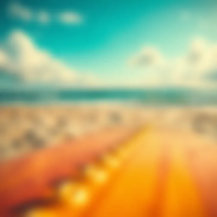 Close-up of surfboard against the backdrop of a sandy beach, capturing the essence of summer.