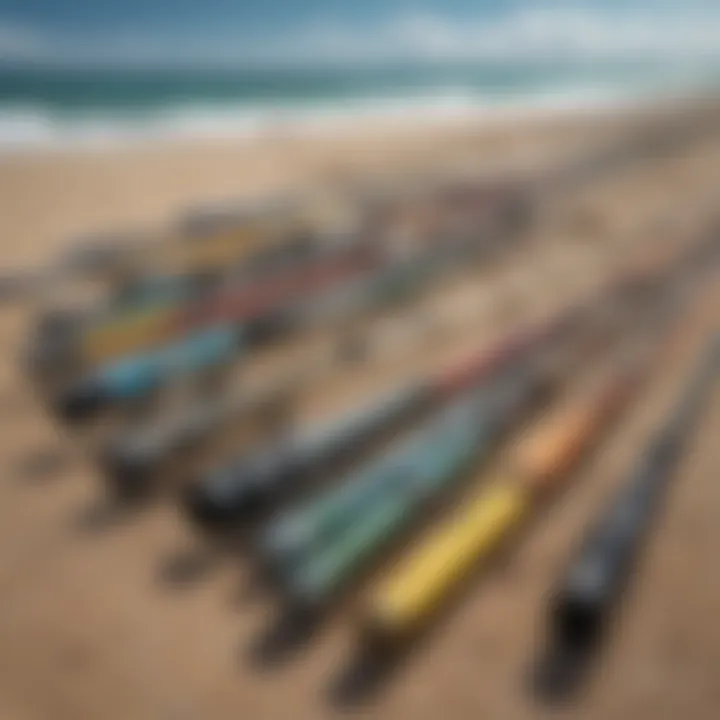 A variety of surf fishing rods lined up on the beach