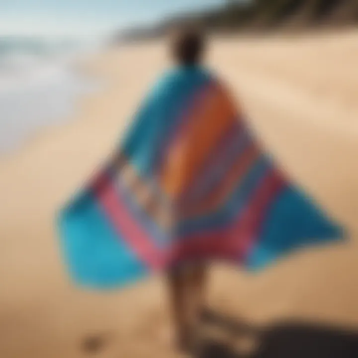 A vibrant surf towel poncho on a sandy beach