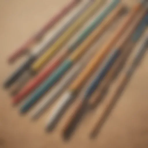 A selection of surf travel rods displayed on a sandy beach