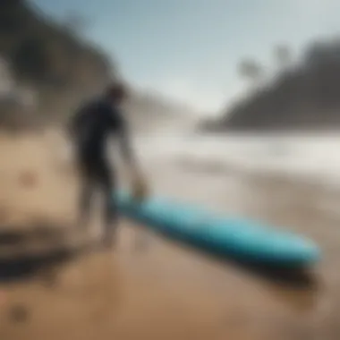 Local surfers engaging in a community beach cleanup, promoting sustainability.