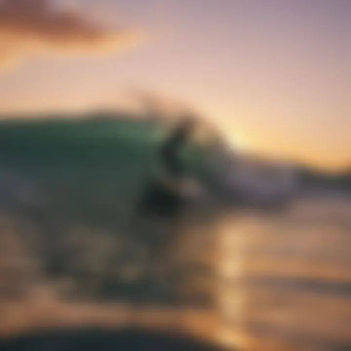 A breathtaking sunset over a Californian beach with surfers catching waves.