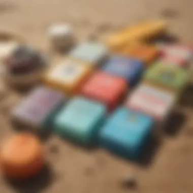 An assortment of surf wax products displayed artistically on a sandy beach.