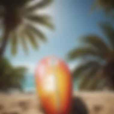 Surfboard and Scent: A Connection to the Ocean A vibrant surfboard leaning against a palm tree with ocean waves in the background.