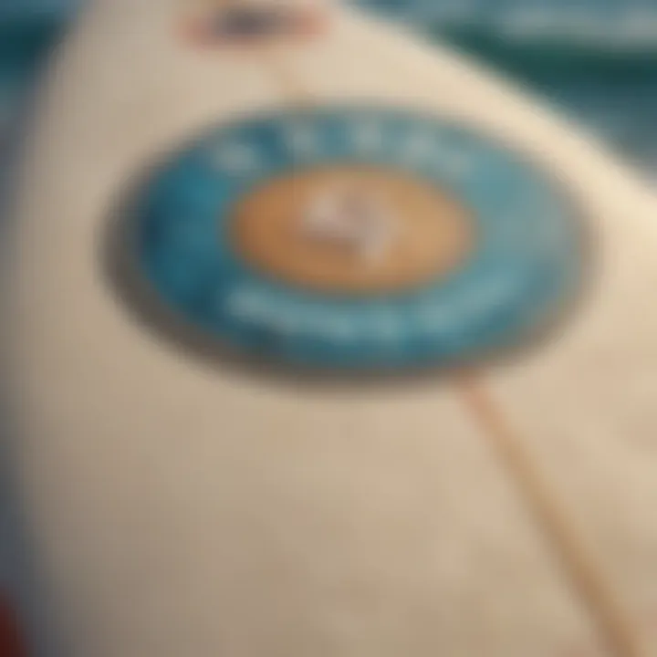 Detailed view of a surfboard featuring a prominent logo