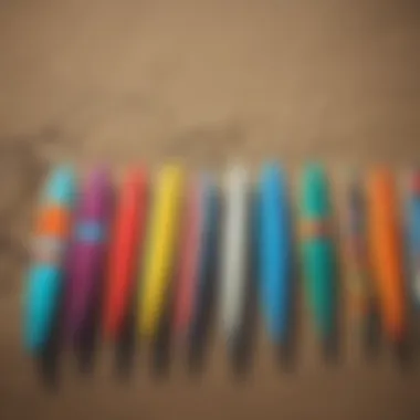 Vibrant surfboards lined up on the sandy beach