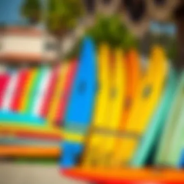 A vibrant display of surfboards ready for rental at Mission Beach. Colorful surfboards lined up on the beach