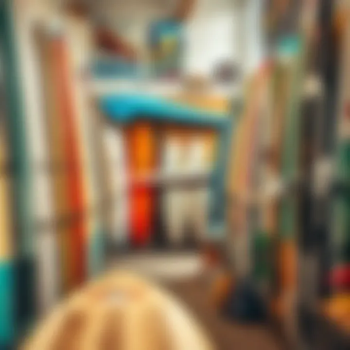 A look inside a local surf shop featuring diverse surfboard options. Interior of a surf shop showcasing various surfboards