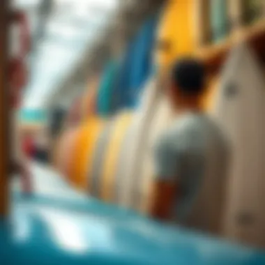 Shopping for Your First Surfboard A person shopping for surfboards at a local store.