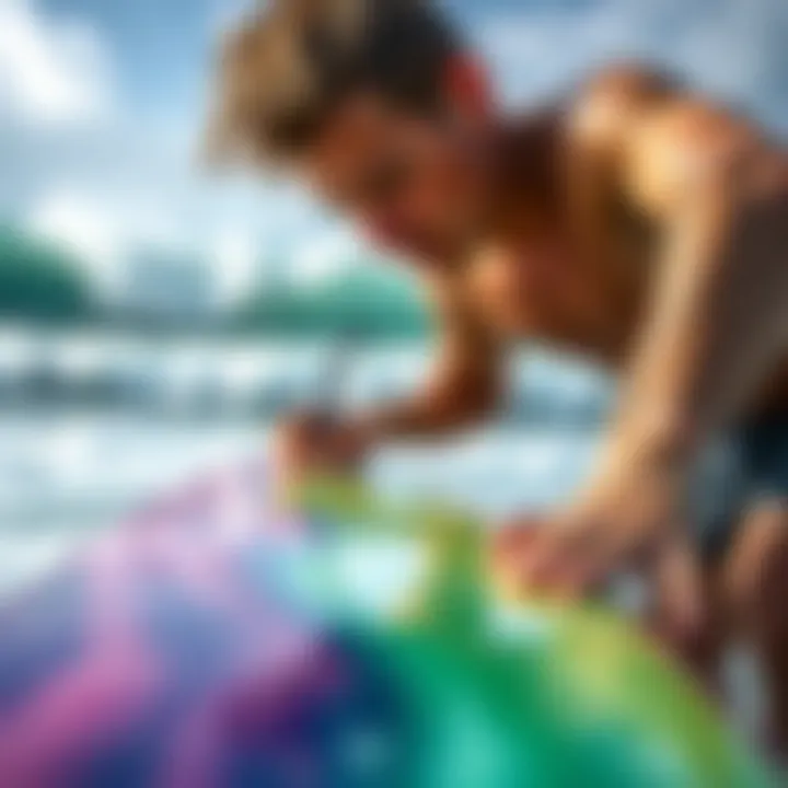 Surfer applying colored wax to a surfboard