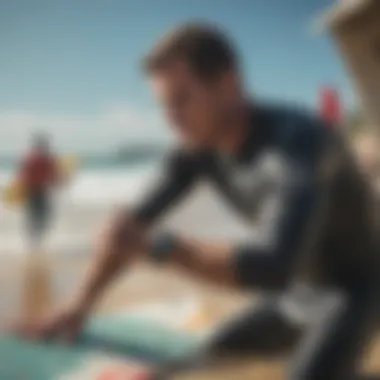 Preparing for Surfing with Nixon Ultratide Surfer checking Nixon Ultratide watch before hitting the waves