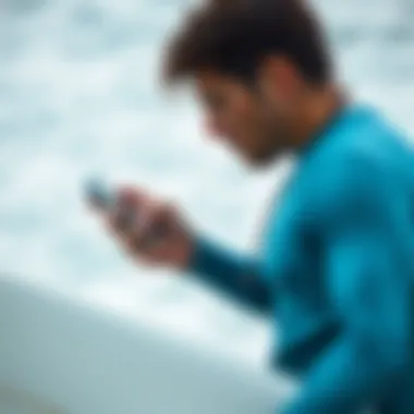 A surfer checking surf conditions on a mobile device