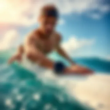 Surfer in Action with Shark Deterrent Bracelet Surfer wearing a shark deterrent bracelet in the ocean.