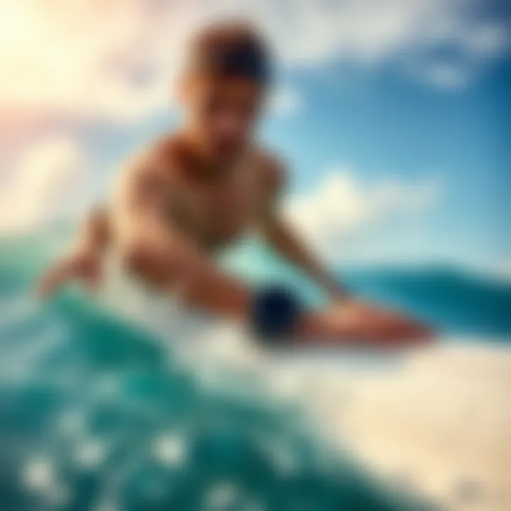 Surfer in Action with Shark Deterrent Bracelet Surfer wearing a shark deterrent bracelet in the ocean.