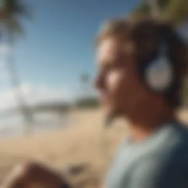 A surfer enjoying music from ear buds while relaxing on the beach