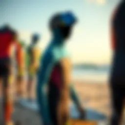 Diverse range of surfer wet suits displayed on a beach