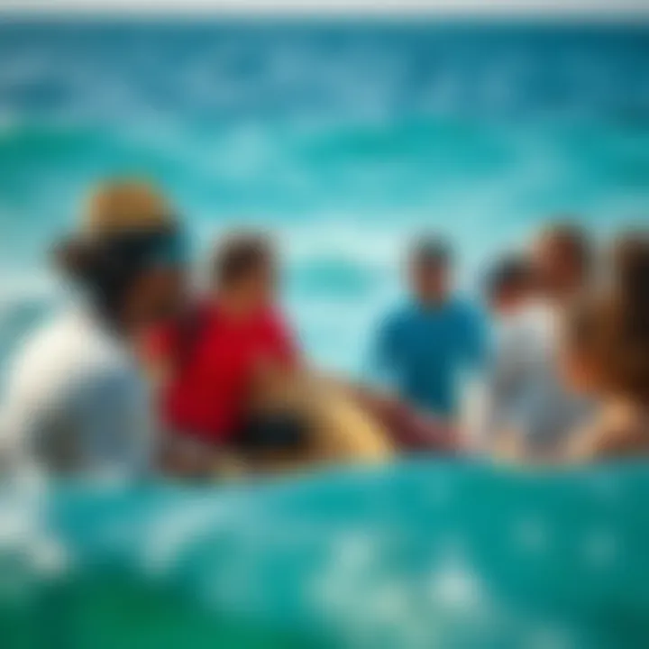 Surfers Engaging in Shark Safety Discussion A group of surfers discussing shark safety and deterrent technologies.