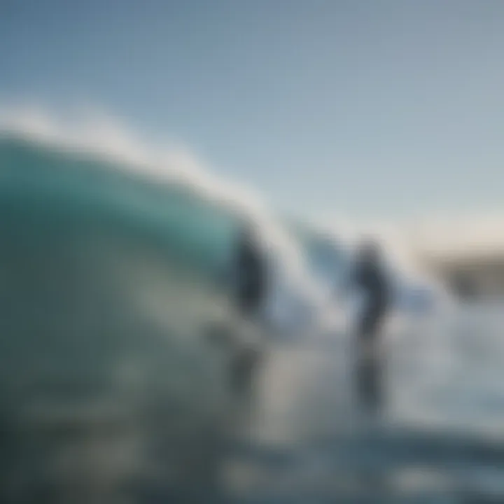 A scenic ocean view with surfers riding waves in winter wet suits