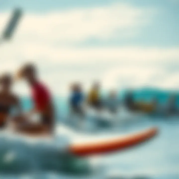 Community of Surfers Embracing Fish Board Culture Diverse surfers riding fish boards in a scenic coastal setting