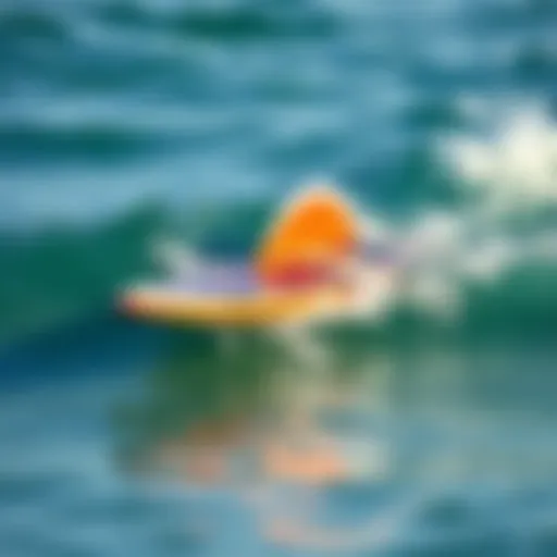 The Elegance of a Fish Board in Motion A vibrant fish board gliding over translucent waves