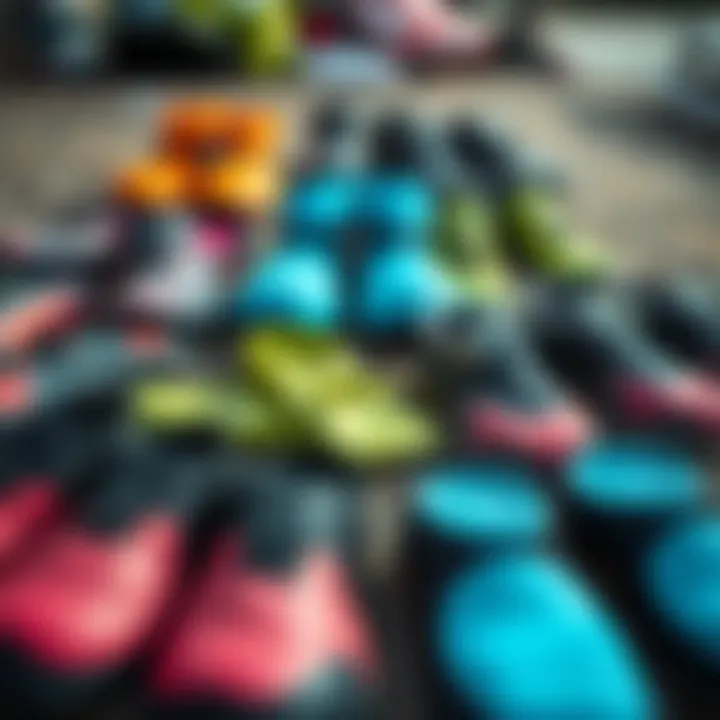 Diverse types of surfing booties laid out for comparison