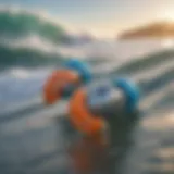 A close-up of high-quality surfing ear buds with ocean waves in the background