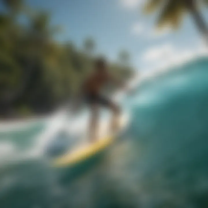 Surfer riding a wave with a backdrop of tropical scenery