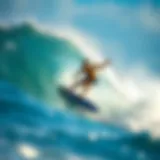 A skimboarder catching a wave