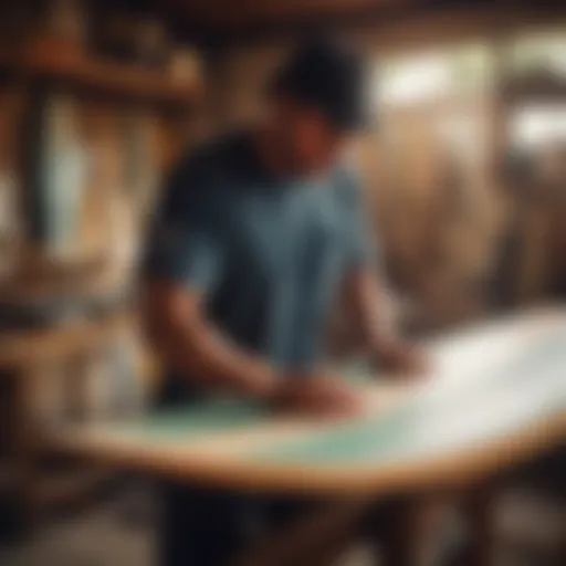 An artisan shaping a surfboard with precision tools