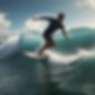 Mastering the Waves An expert skimboarder glides effortlessly over the waves.