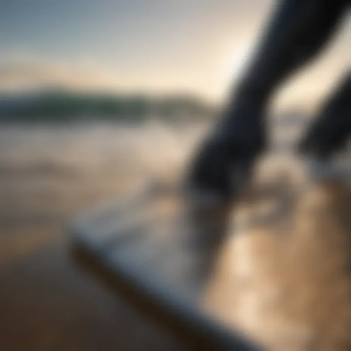 A close-up of skimboarding gear, including a wetsuit and protective pads.