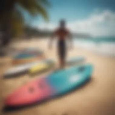 A variety of skimboards displayed on the beach, showcasing different shapes and designs.