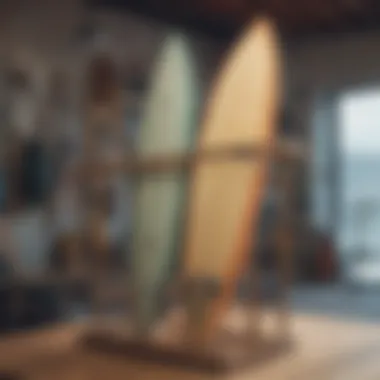 Finished surfboard rack installed in a surf-themed environment