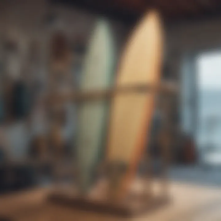 Finished surfboard rack installed in a surf-themed environment