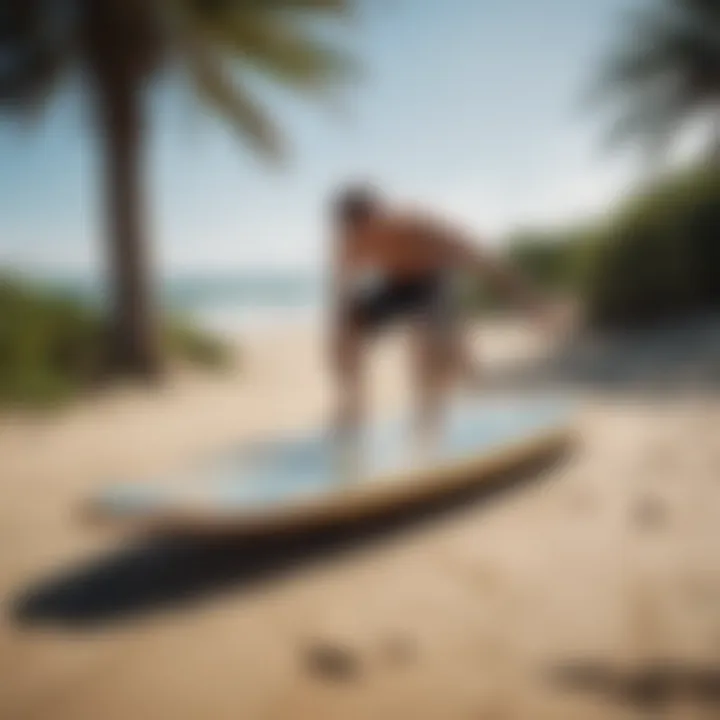 A surfer testing a cruiser deck on the beach for performance evaluation.