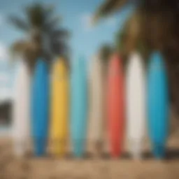 Diverse foamie surfboards displayed on a beach