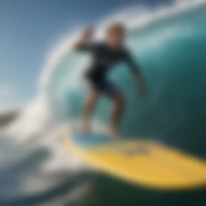 A surfer riding a wave on a foamie surfboard