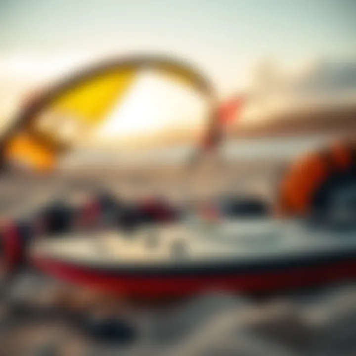 Close-up of advanced kiteboarding equipment laid out on the beach