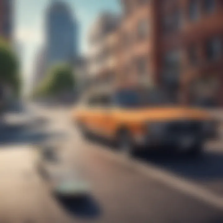 Urban landscape with a rider cruising on a long skateboard, highlighting its practical use.