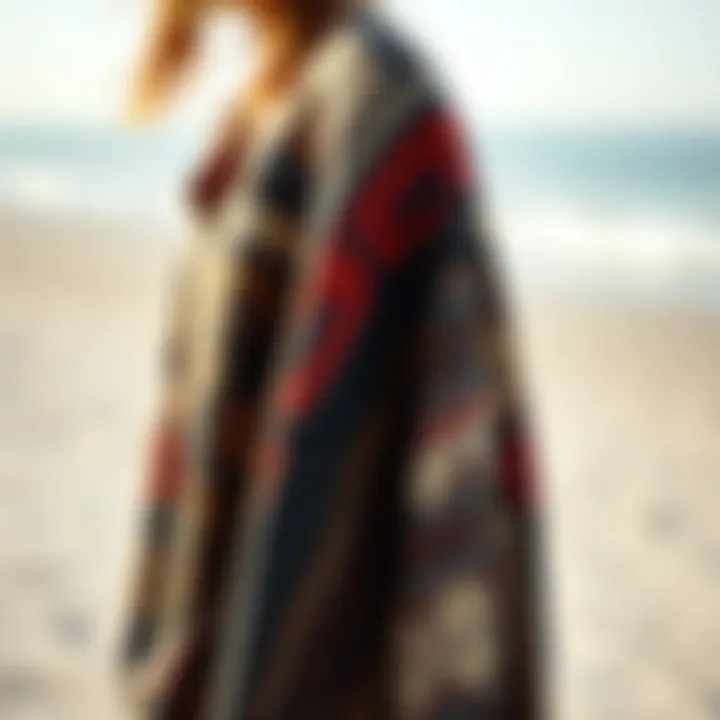 Stylish Patterns and Textures Close-up of a stylish poncho showcasing unique patterns and textures against a sandy backdrop