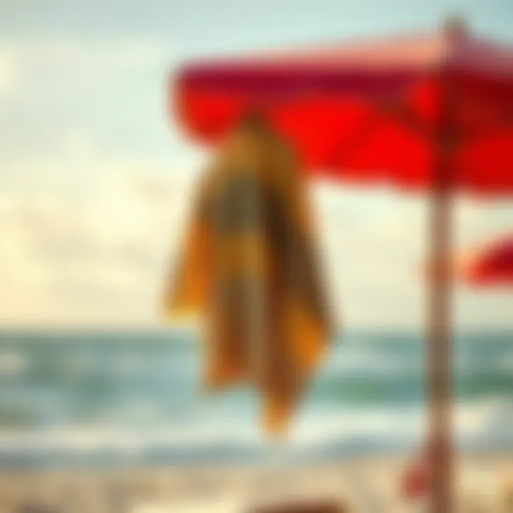 Poncho on Beach Umbrella A serene beach scene featuring a changing poncho hanging on a beach umbrella