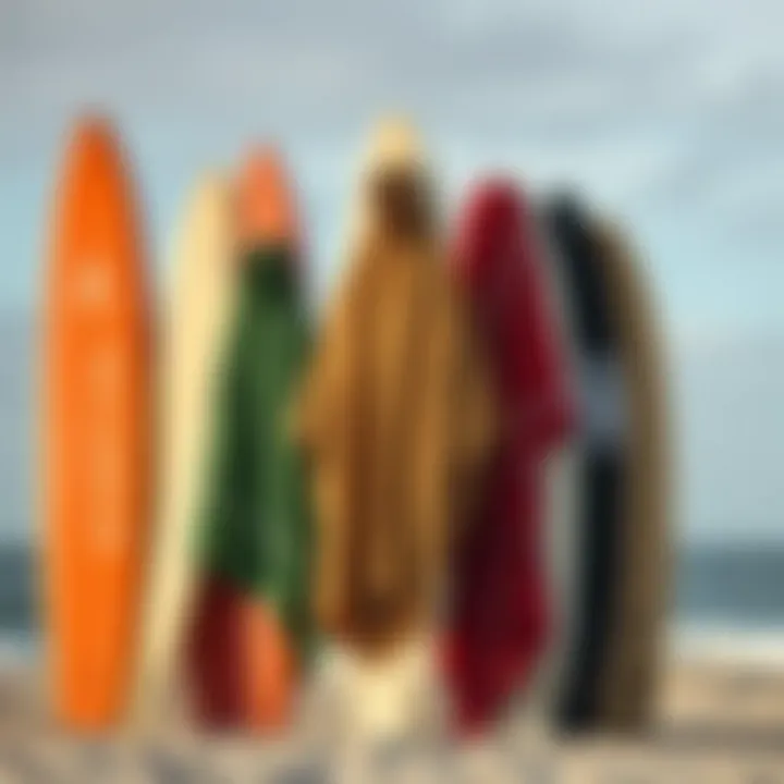 Diverse Ponchos on Surfboards A group of surfboards with various changing ponchos draped over them, highlighting diversity