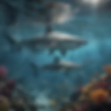 Diversity of Shark Species in Their Marine Habitat A vibrant underwater scene showcasing a diverse group of sharks swimming gracefully.