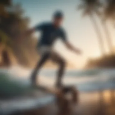 Graceful Longboarding Along the Coast A longboarder carving gracefully along the coastline