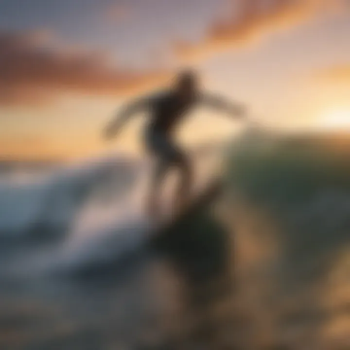 A surfer riding a perfect wave at sunset